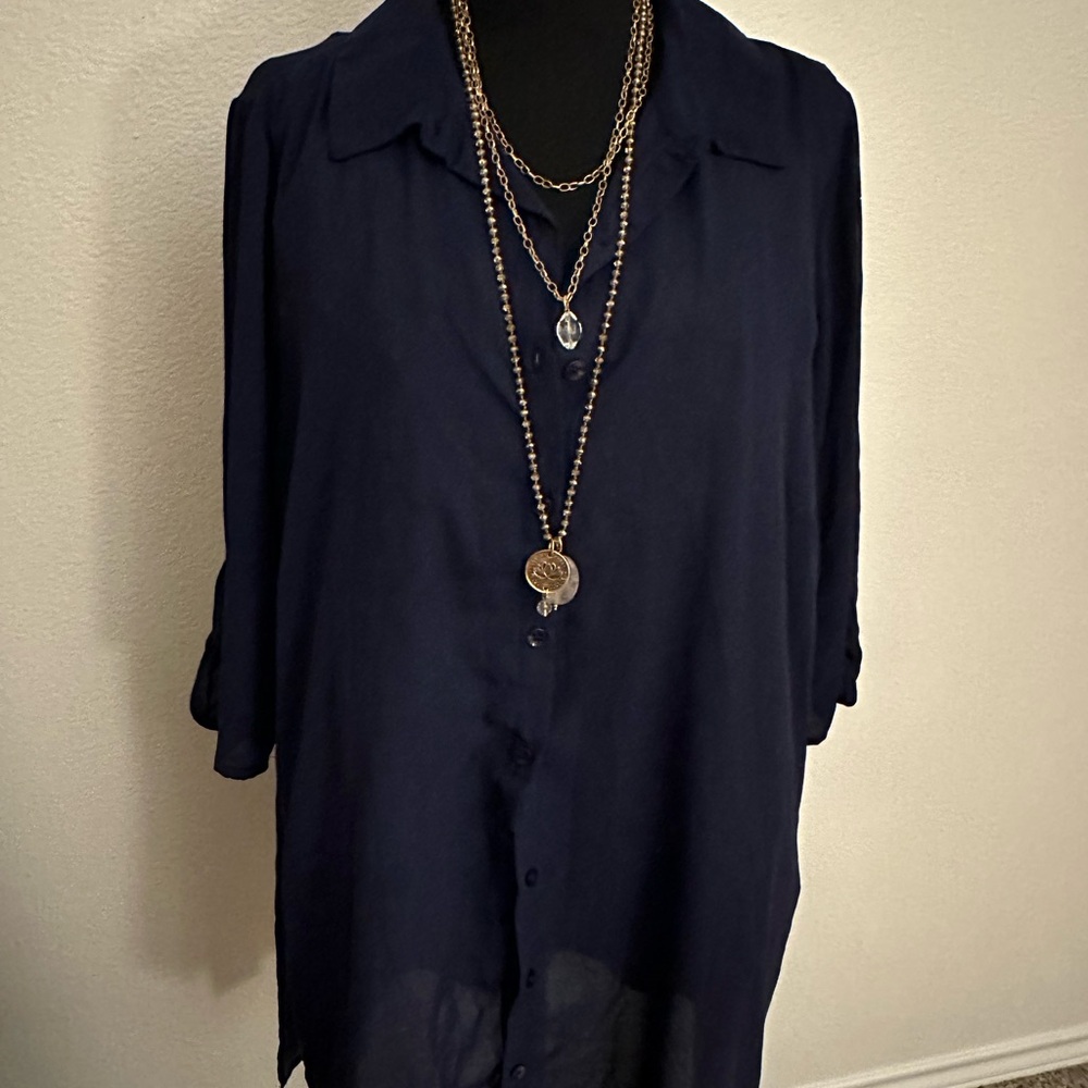 Sheer long navy button up blouse